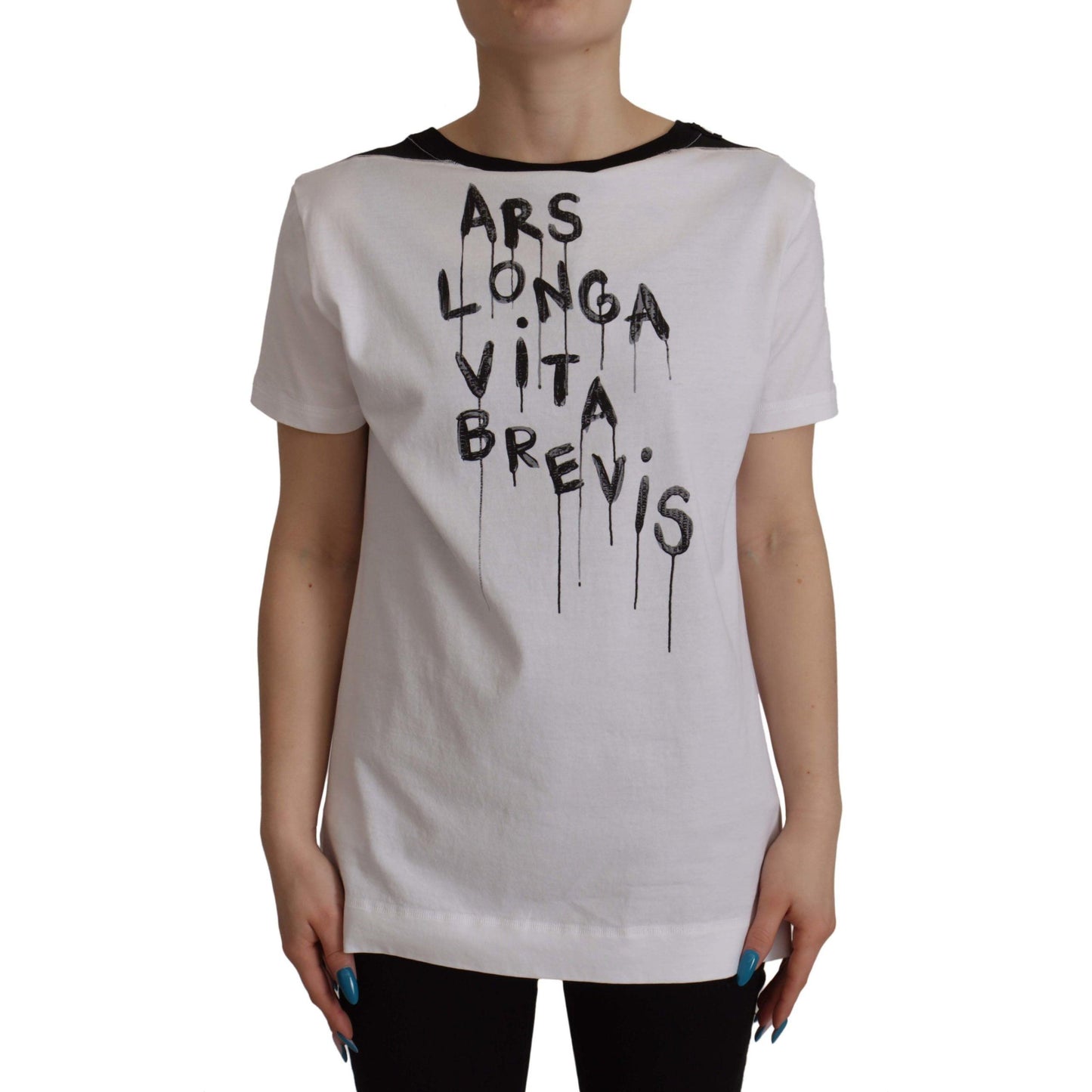 Dolce & Gabbana White Slogan Print Round Neck Cotton T-shirt