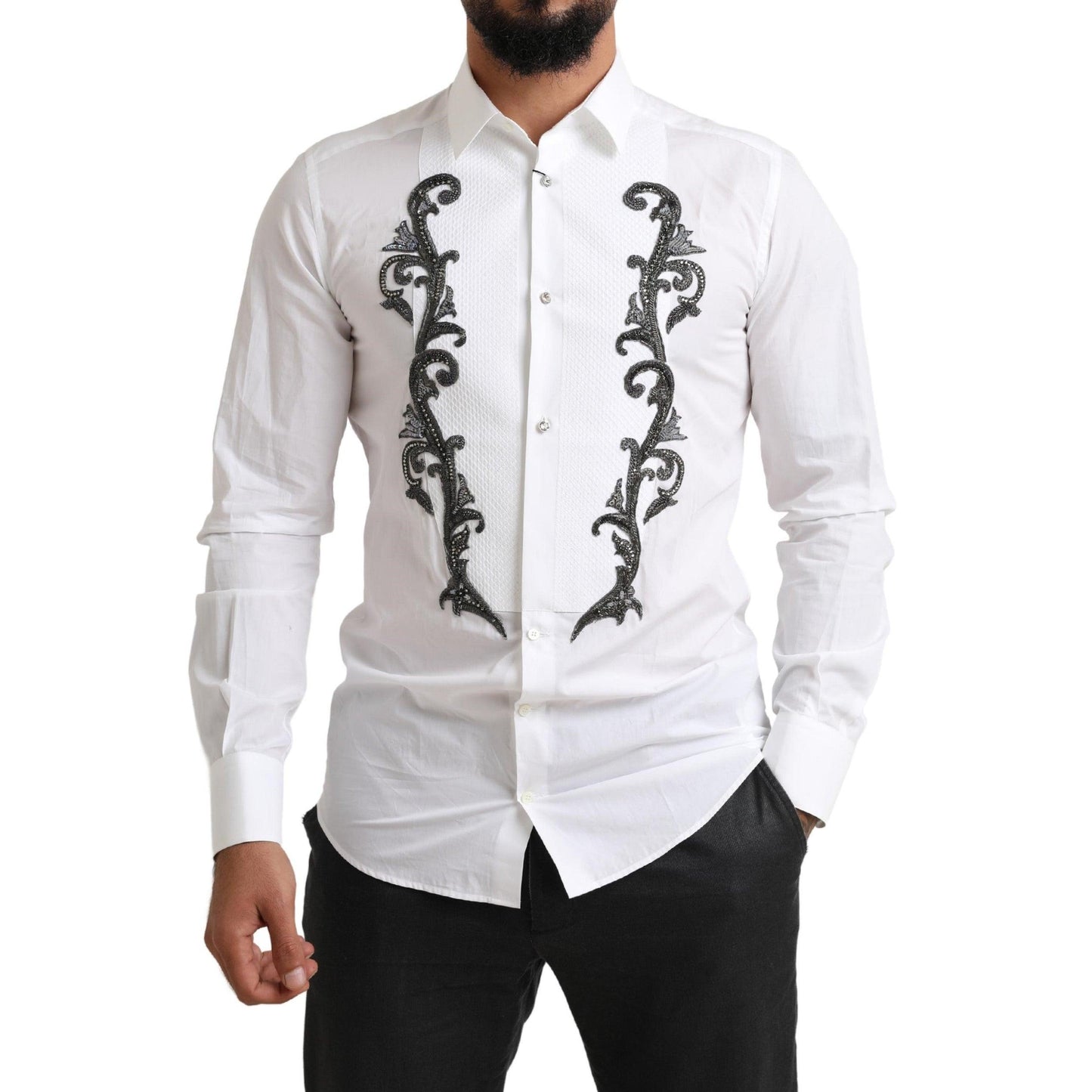 Dolce & Gabbana White Tuxedo Slim Fit Baroque Shirt