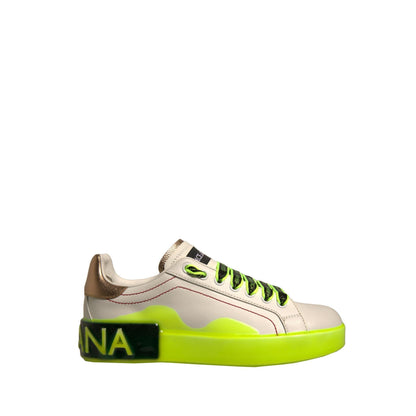 Dolce & Gabbana White Yellow Portofino Leather Sneakers Shoes