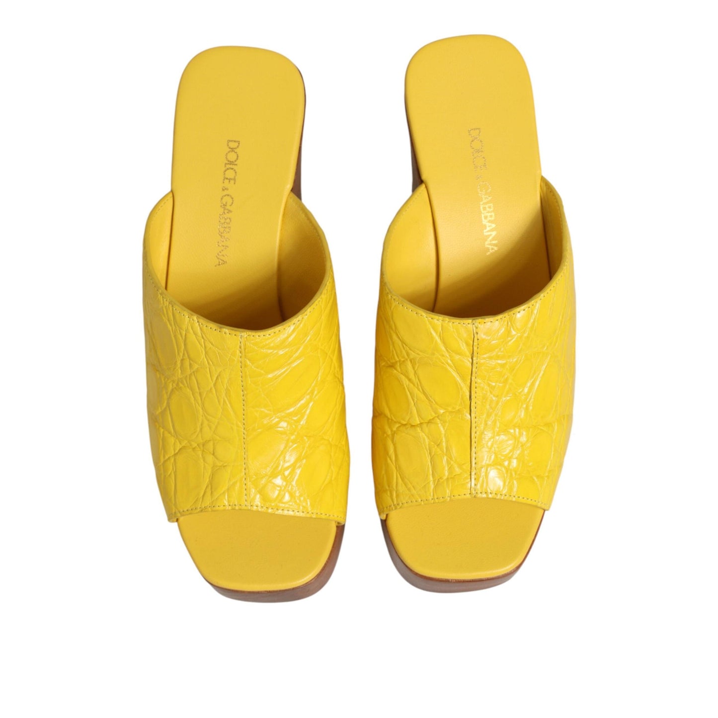 Dolce & Gabbana Yellow Leather Wood Mule Wedge Slides Shoes