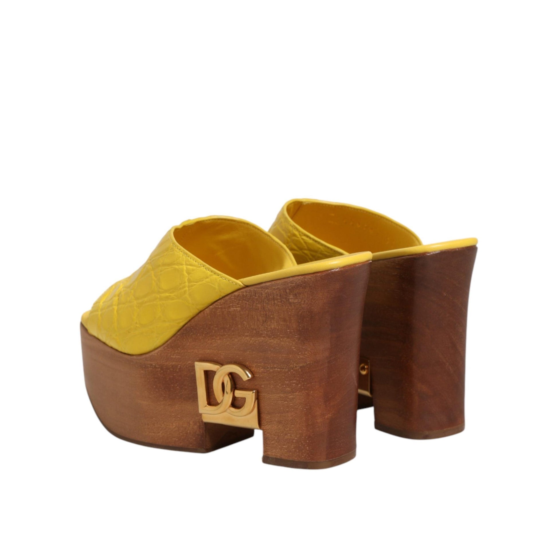 Dolce & Gabbana Yellow Leather Wood Mule Wedge Slides Shoes