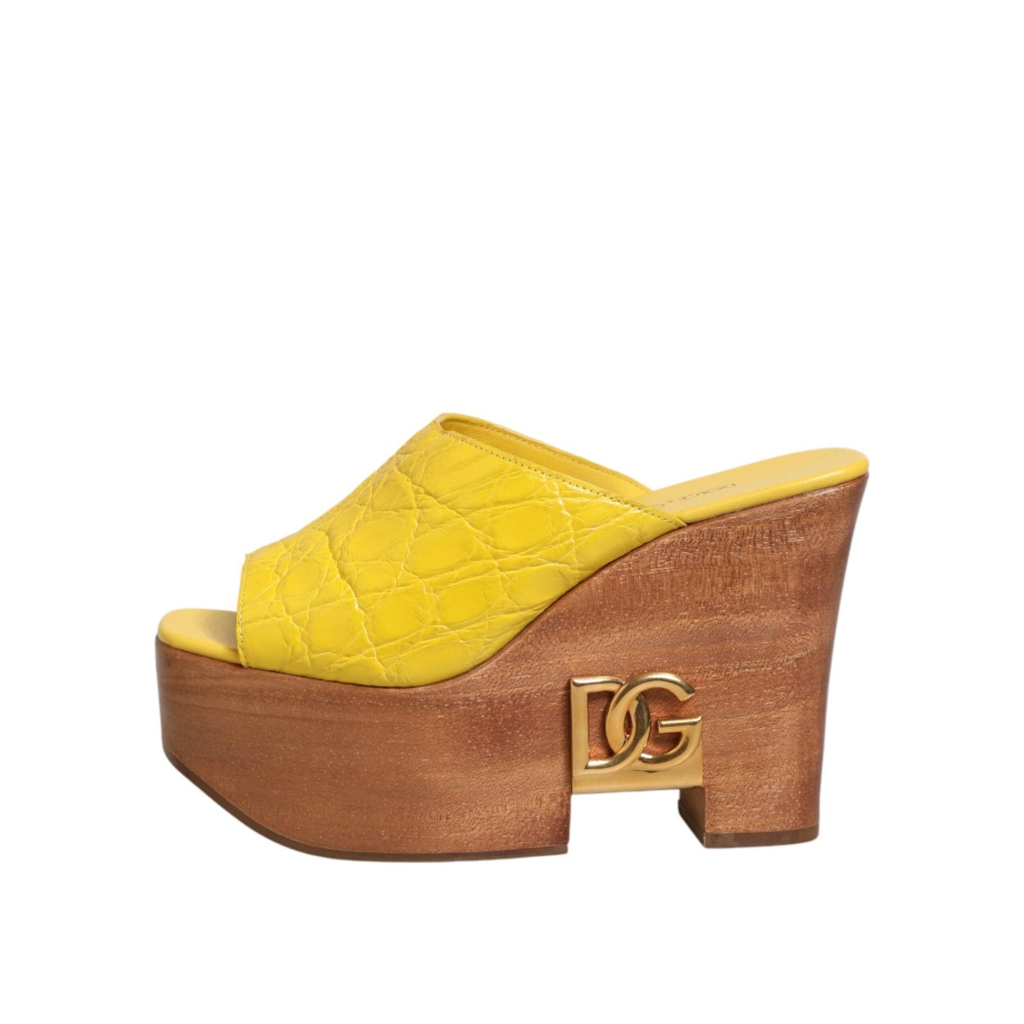 Dolce & Gabbana Yellow Leather Wood Mule Wedge Slides Shoes