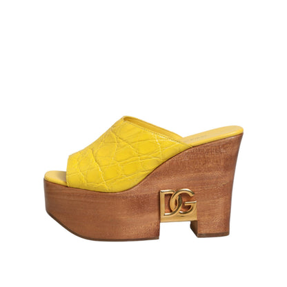 Dolce & Gabbana Yellow Leather Wood Mule Wedge Slides Shoes