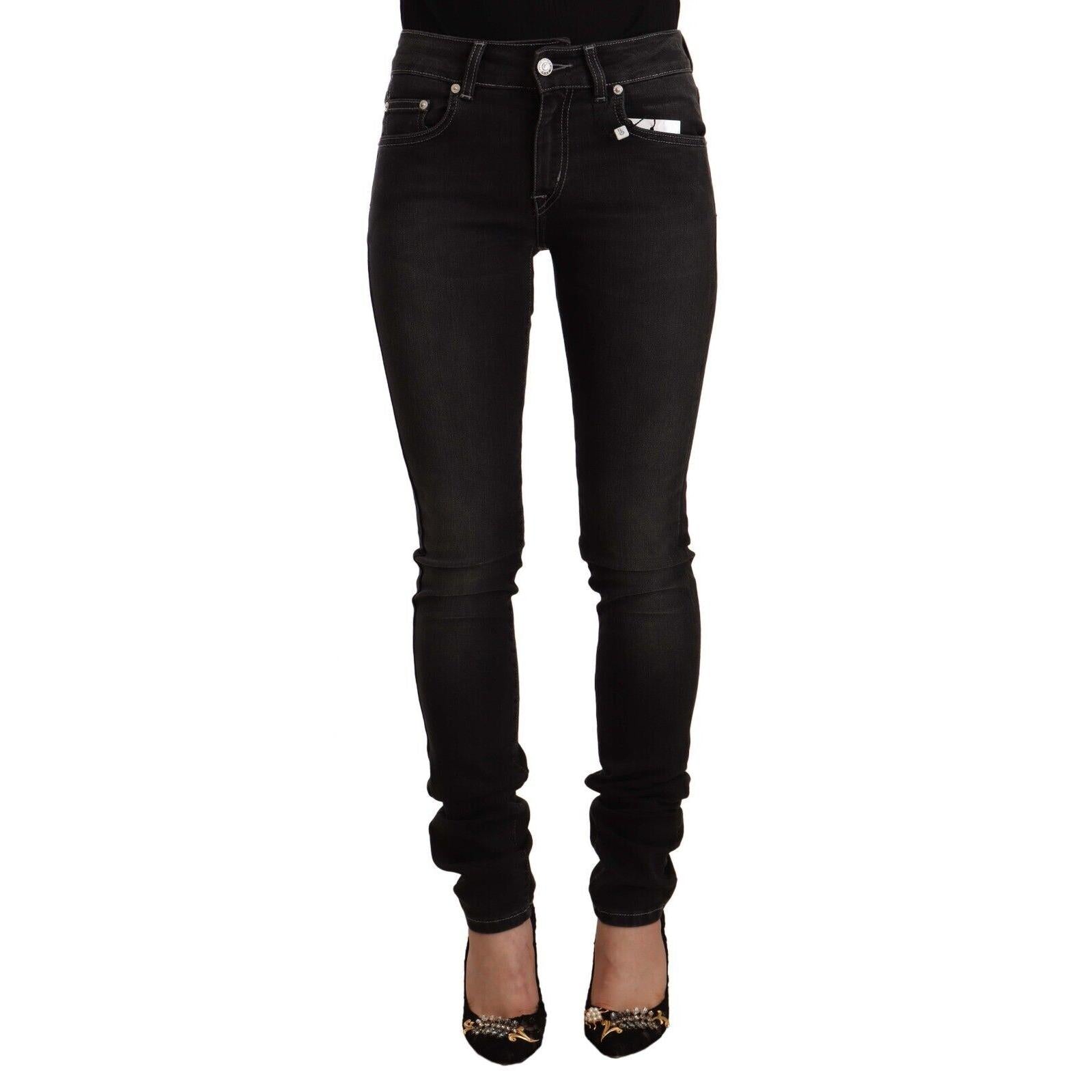 GF Ferre Black Washed Mid Waist Cotton Skinny Slim Fit Jeans