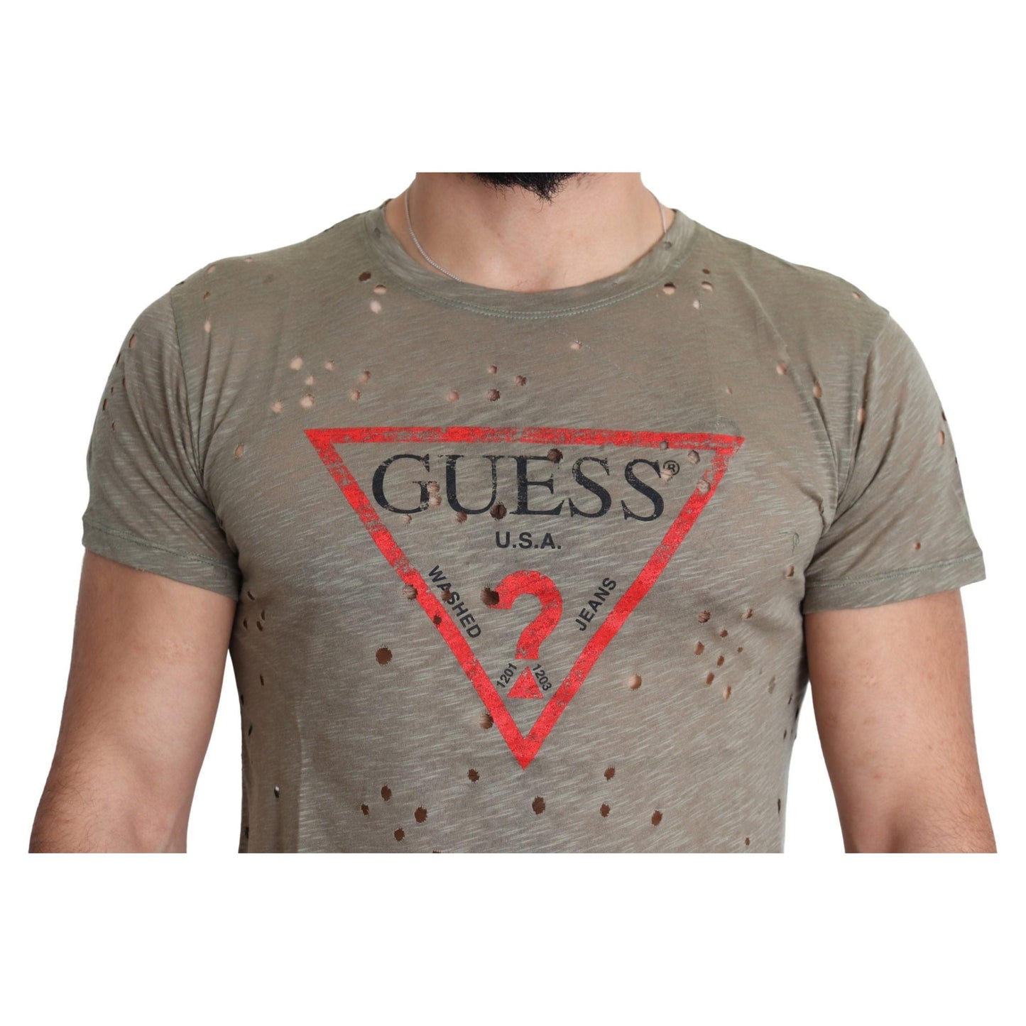 Guess Brown Cotton Stretch Logo Print Men Casual Perforated T-shirt