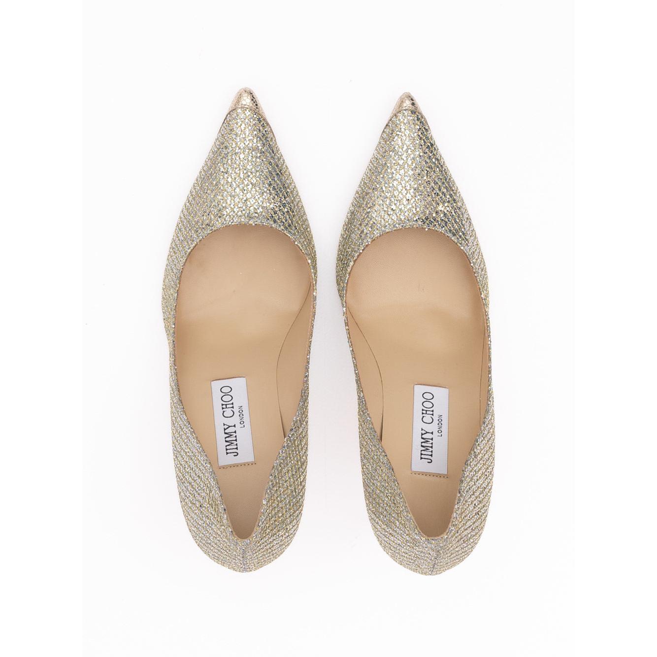 Jimmy Choo Gold Glitter Fabric Agnes Pumps