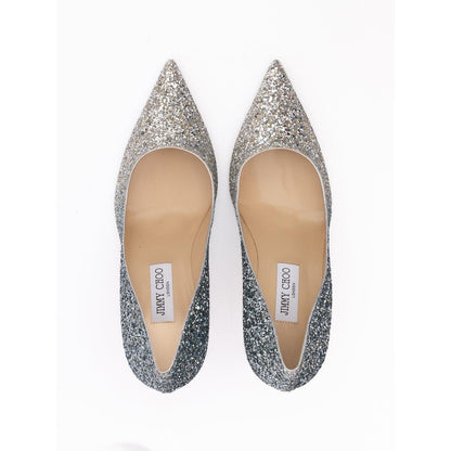 Jimmy Choo Silver Coarse Glitter Degrade Agnes Pumps