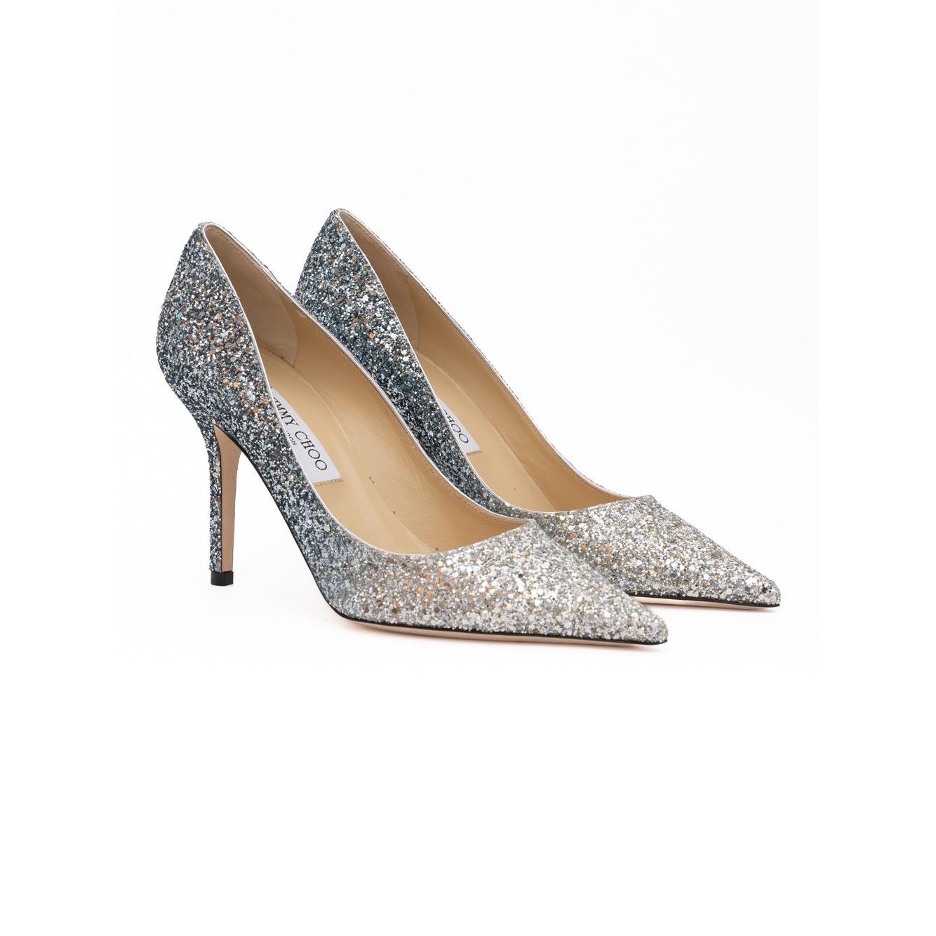 Jimmy Choo Silver Coarse Glitter Degrade Agnes Pumps