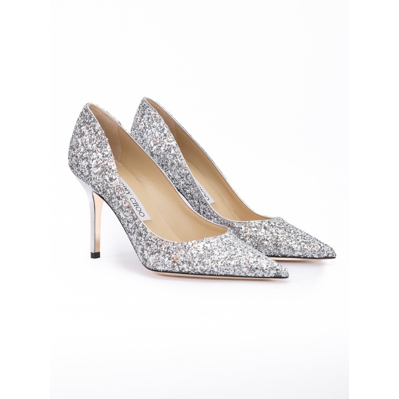 Jimmy Choo Silver Coarse Glitter Fabric Agnes Pumps
