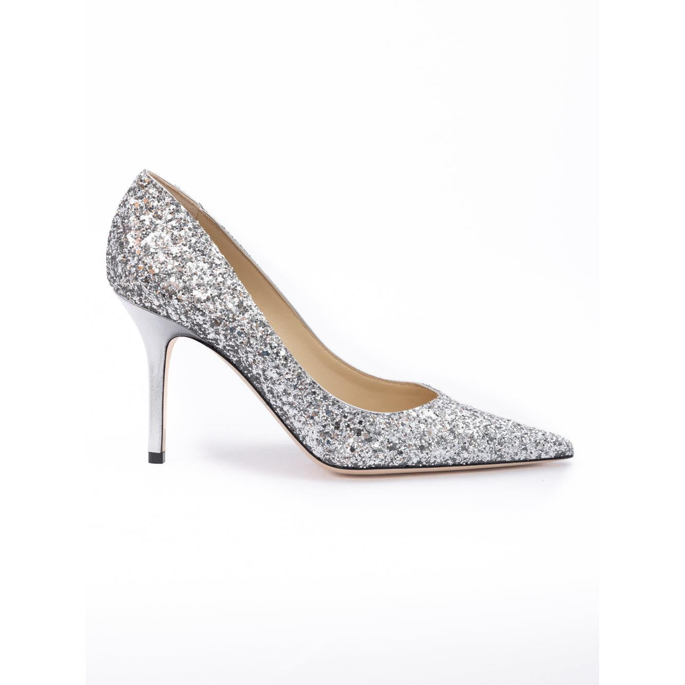 Jimmy Choo Silver Coarse Glitter Fabric Agnes Pumps