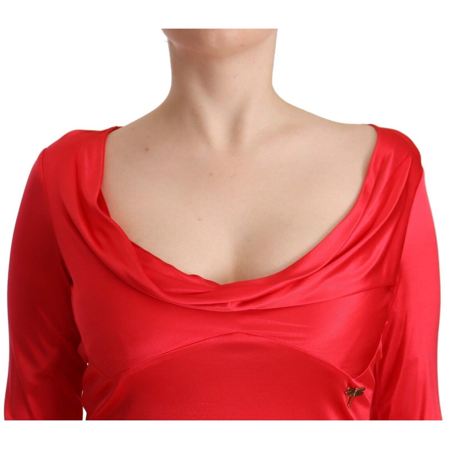John Galliano Red Viscose 3/4 Sleeves Deep Round Neck Sheath Dress