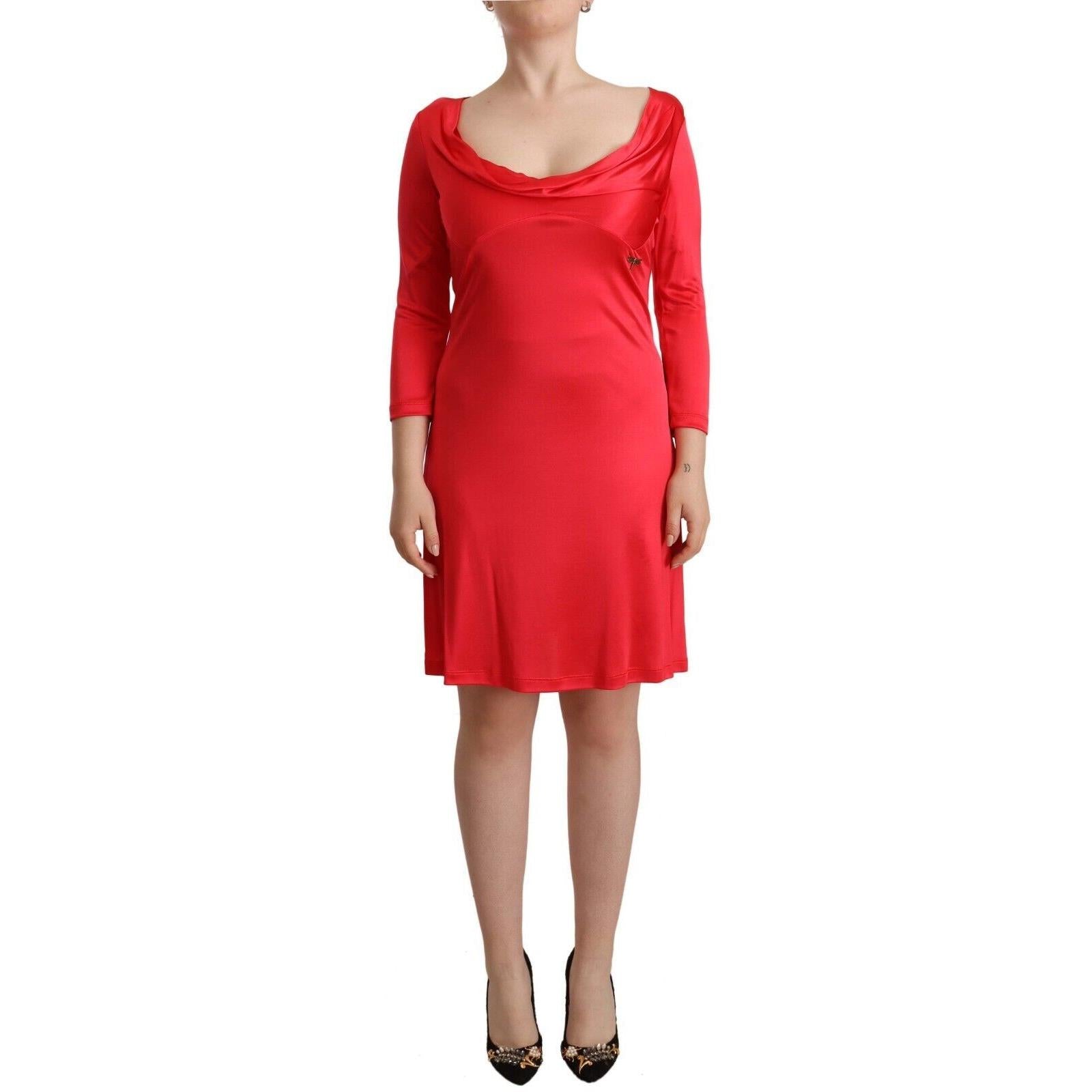 John Galliano Red Viscose 3/4 Sleeves Deep Round Neck Sheath Dress