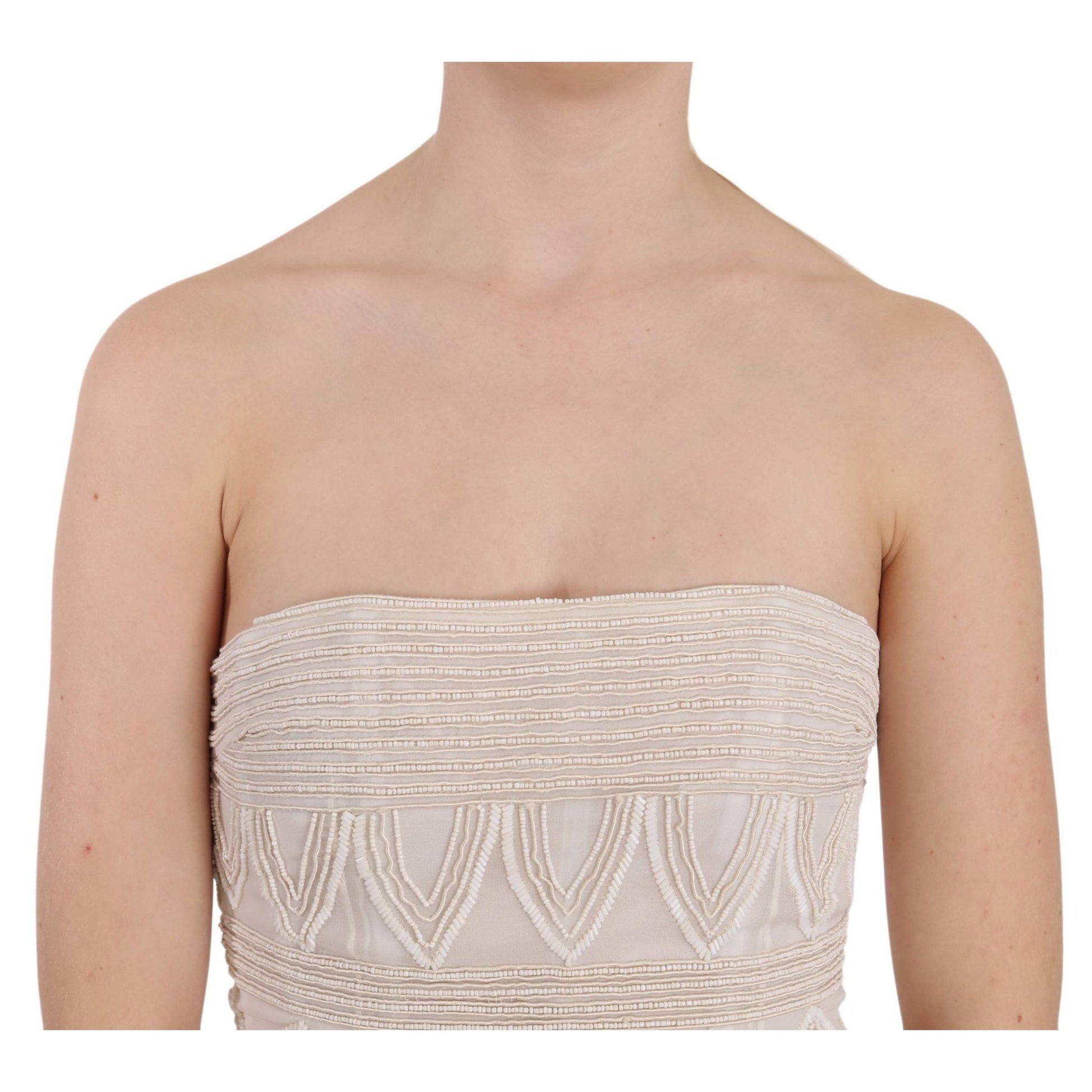 John Richmond Beige Beaded Silk Short Mini Gown Dress