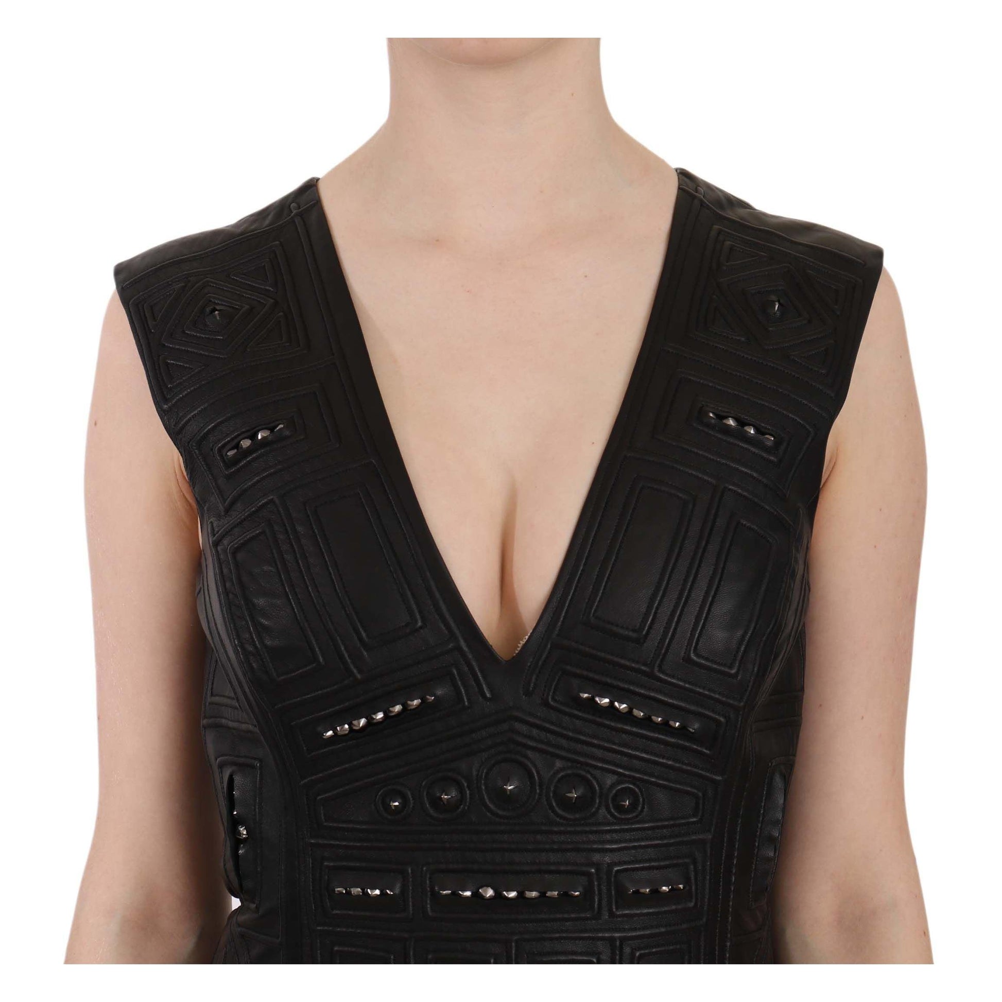 John Richmond Black Leather Studded Mini Shift Dress