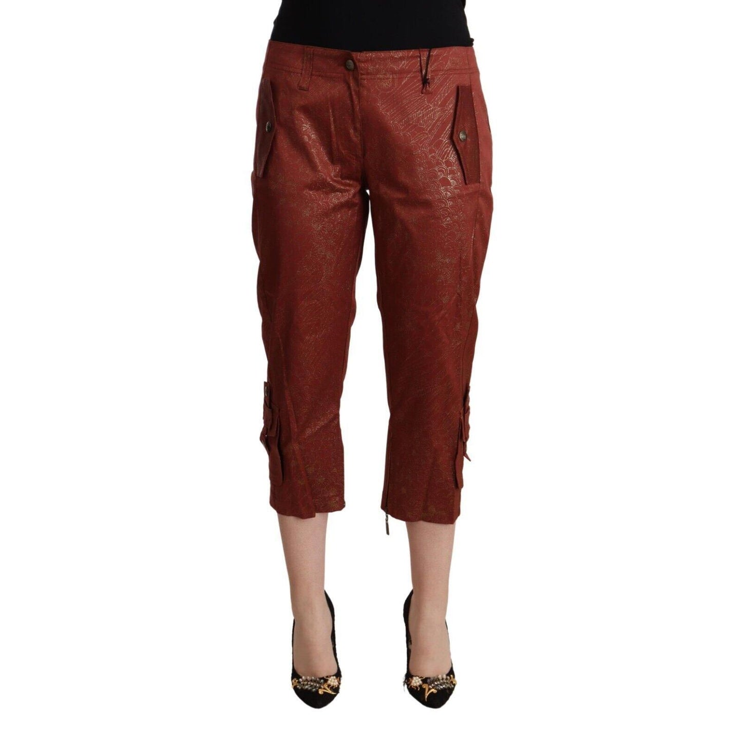 Just Cavalli Brown Lurex Mid Waist Cotton Cropped Capri Pants