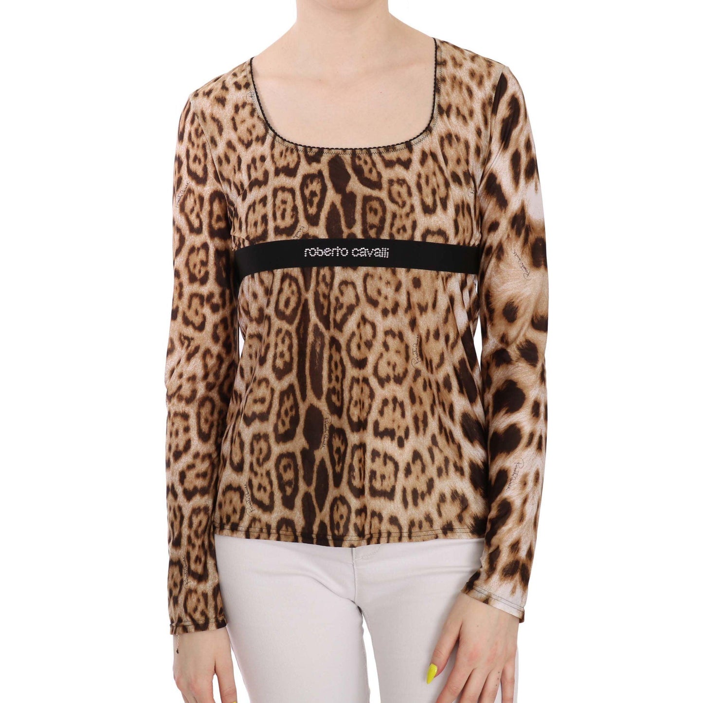Roberto Cavalli Brown Round Neck Leopard Women Top Blouse