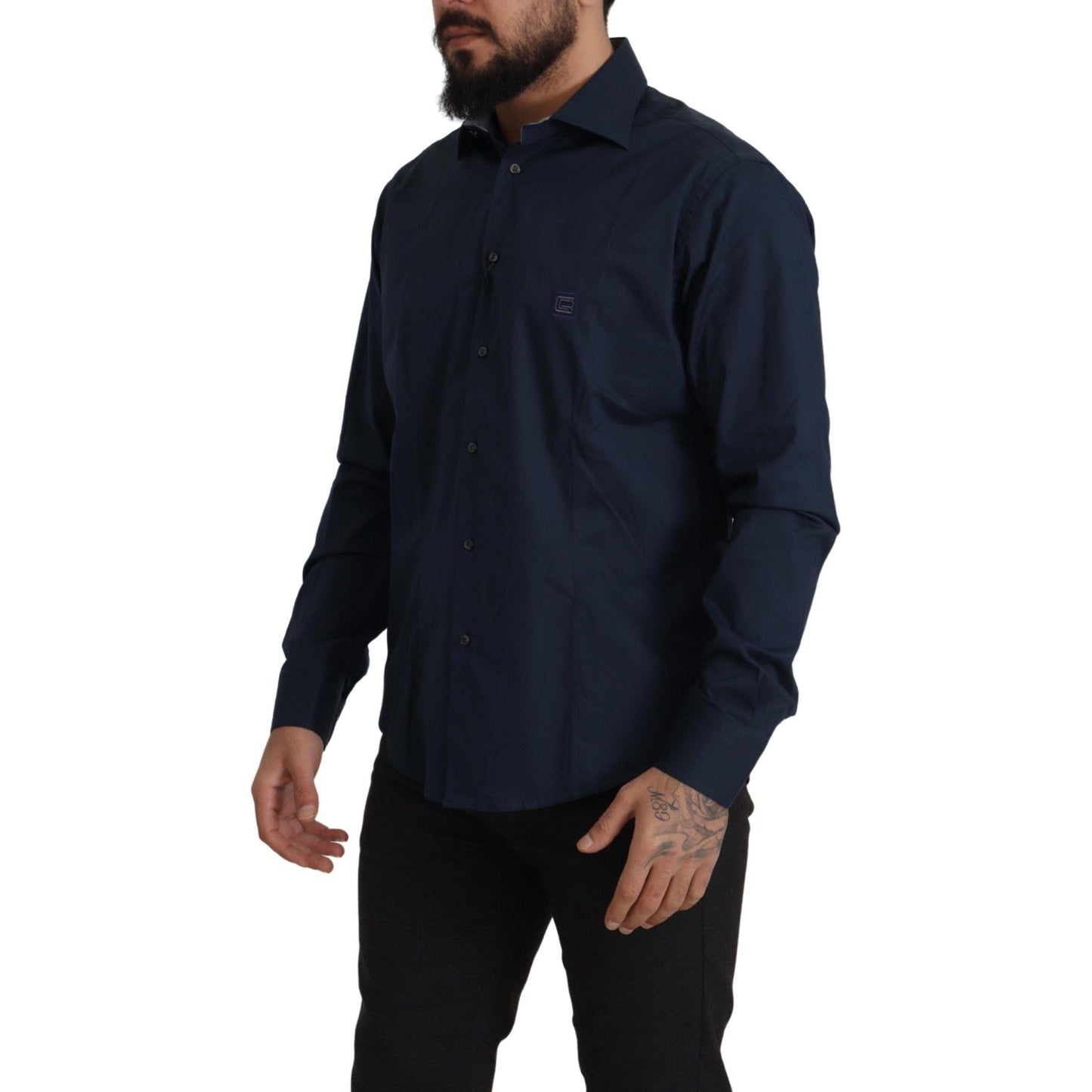 Roberto Cavalli Navy Blue Cotton Dress Formal Shirt