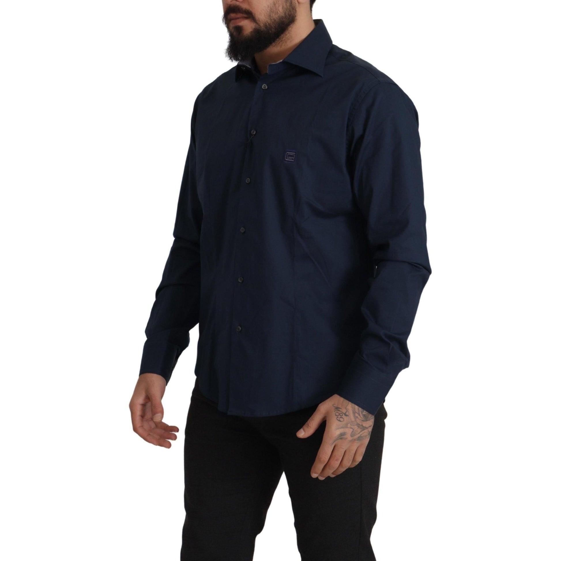 Roberto Cavalli Navy Blue Cotton Dress Formal Shirt