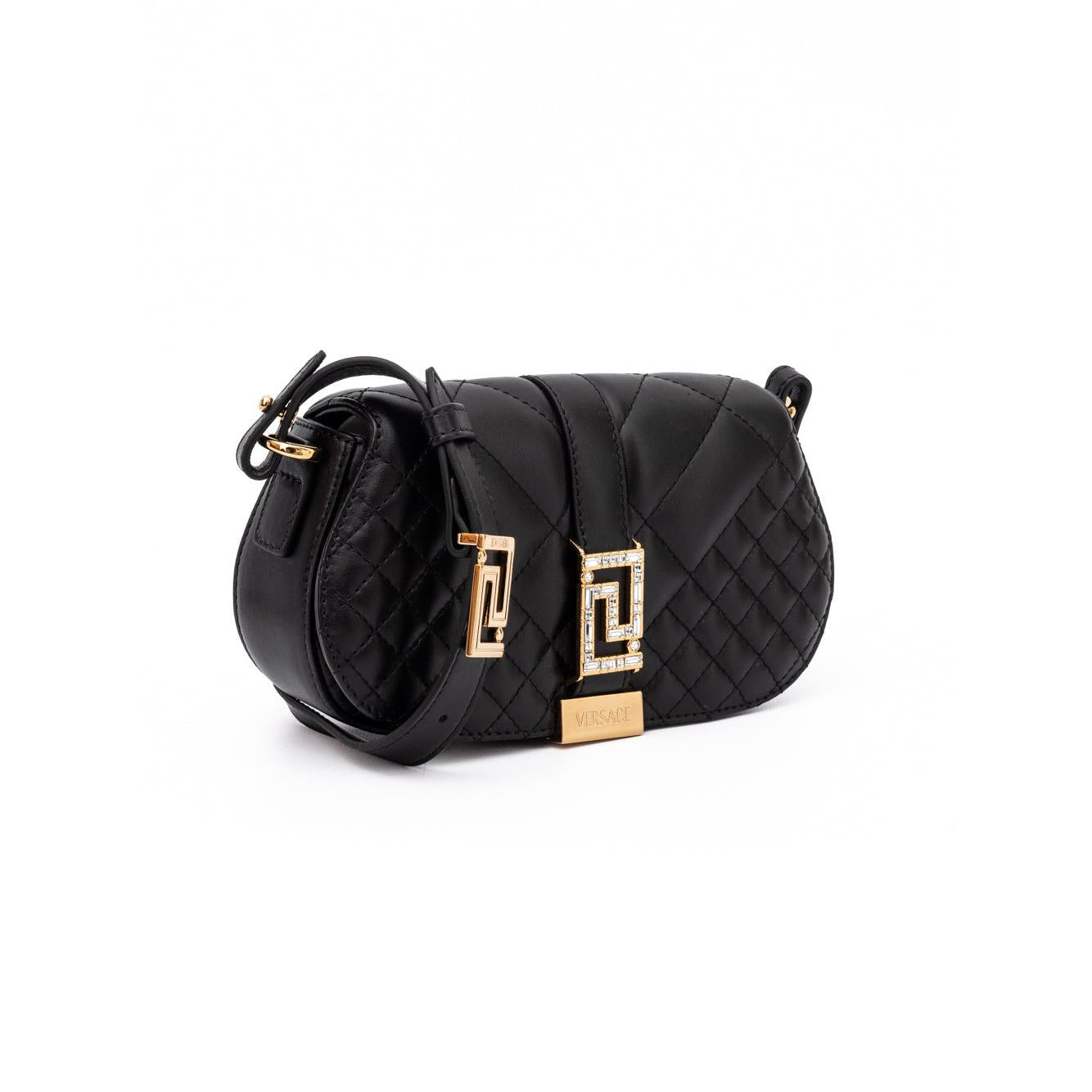 Versace Black Leather Quilted Shoulder Strap Bag