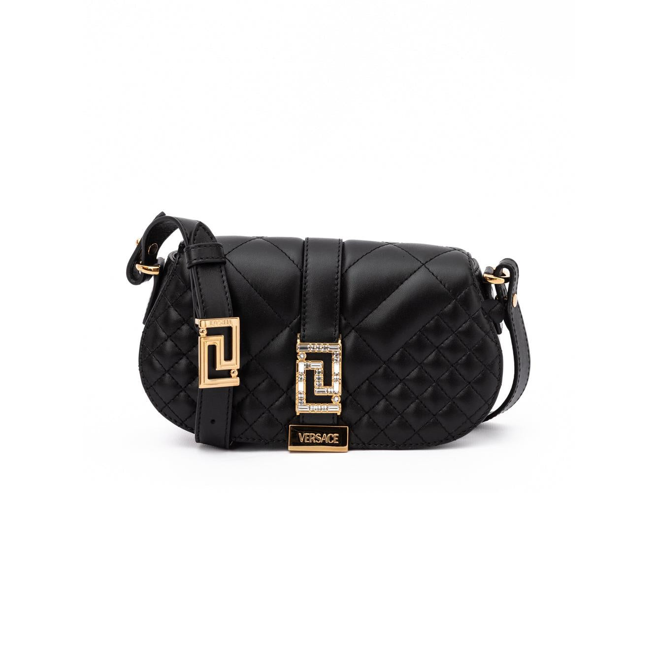 Versace Black Leather Quilted Shoulder Strap Bag