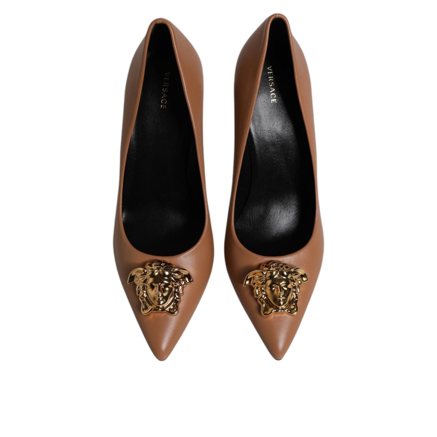 Versace Brown Leather Logo Plaque High Heels Pumps Shoes