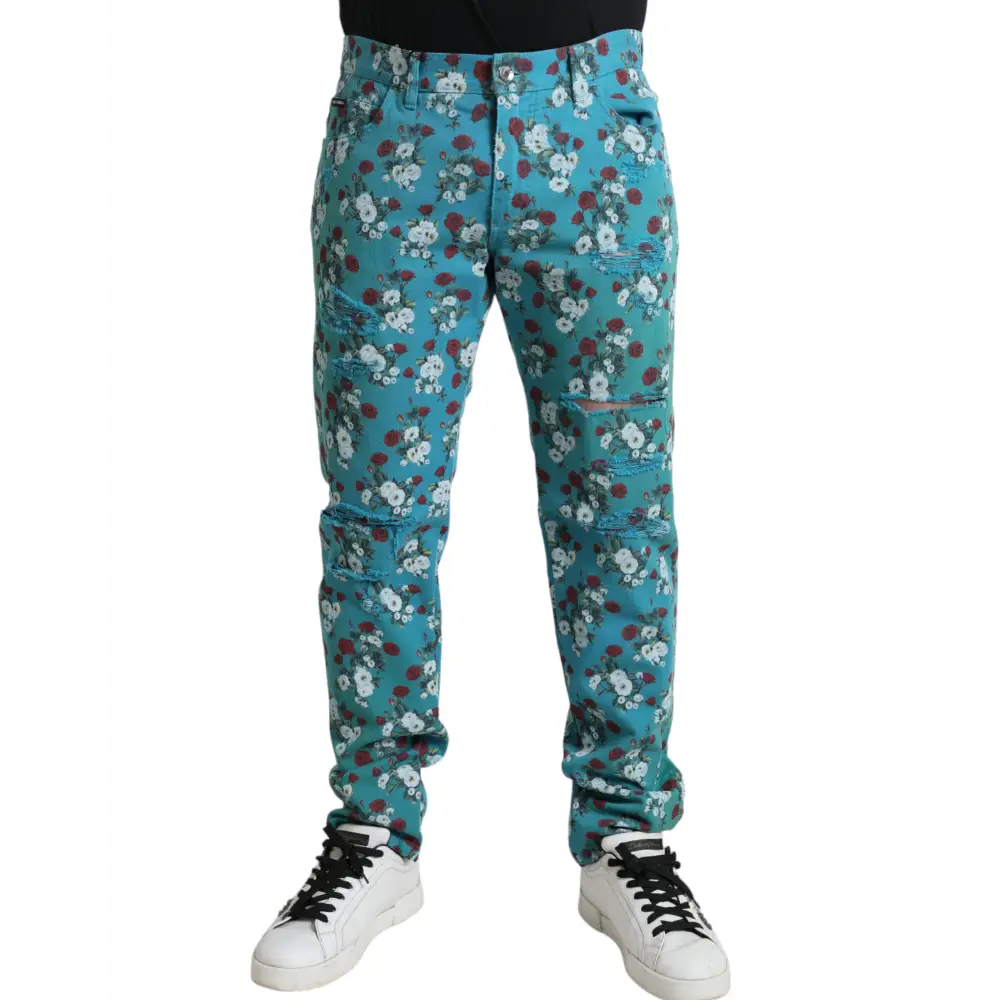 Teal Dolce & Gabbana blue floral print skinny jeans med revner