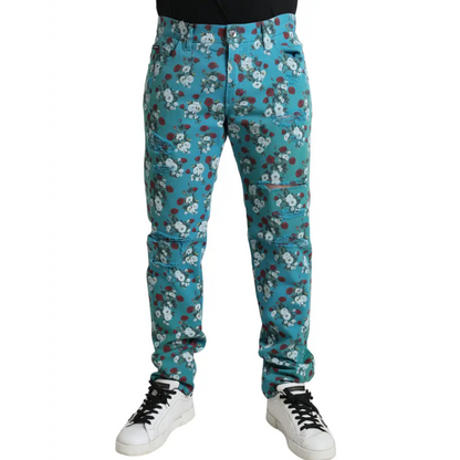 Teal Dolce & Gabbana blue floral print skinny jeans med revner