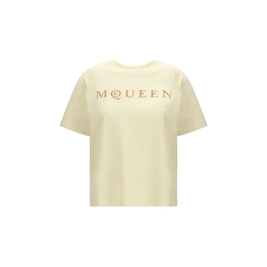 Alexander McQueen bicolor cotton t-shirt i cremfarvet med guldlogo