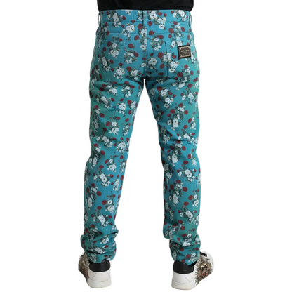 Dolce & Gabbana blå floral print skinny jeans bagside med mærkeplet