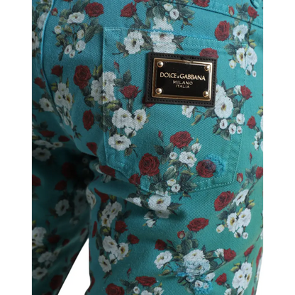 Teal floral print Dolce & Gabbana skinny jeans med røde roser