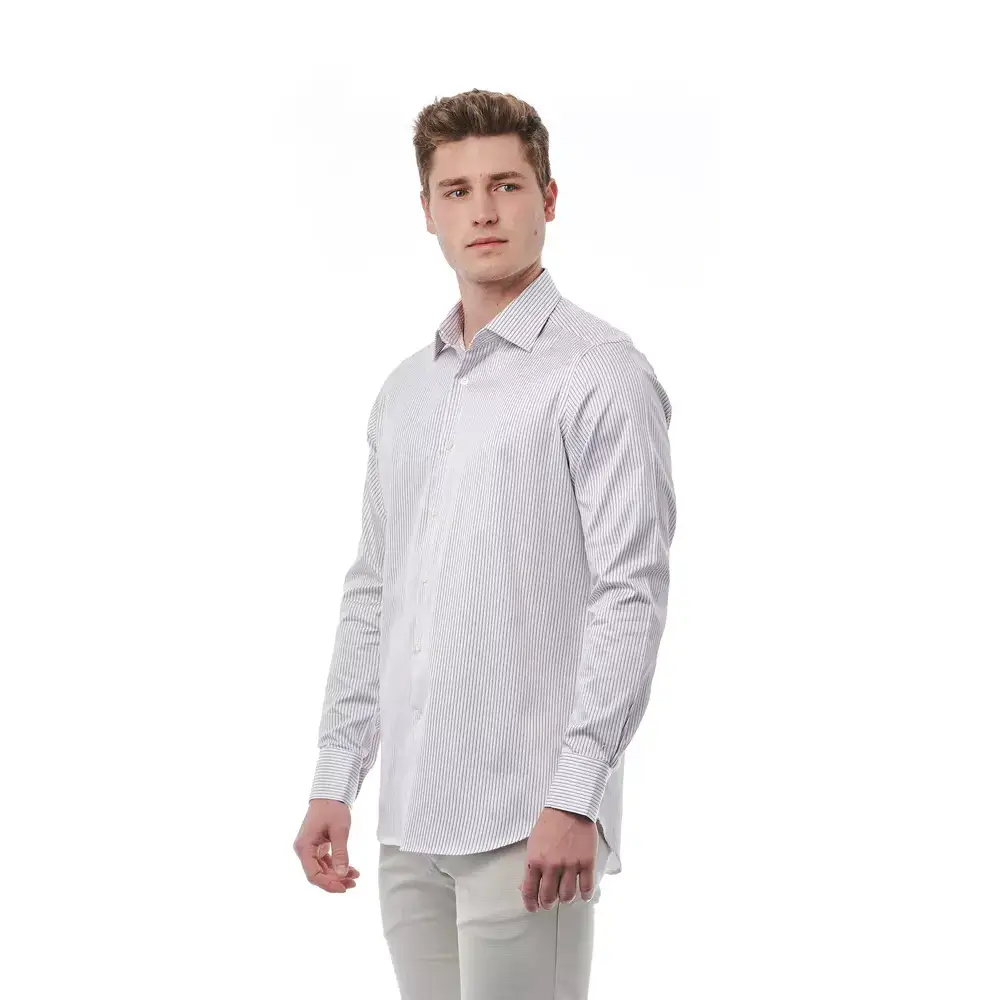 Bagutta white cotton herreskjorte med grå striber og klassisk krave