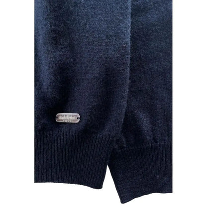 Baldinini trend blue cashmere sweater med mørk marine mønster og sølv tag