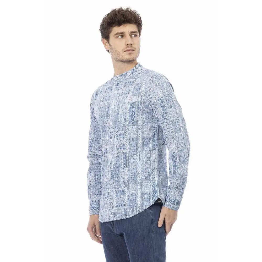 Baldinini trend blue cotton long-sleeve button-up shirt med geometrisk mønster