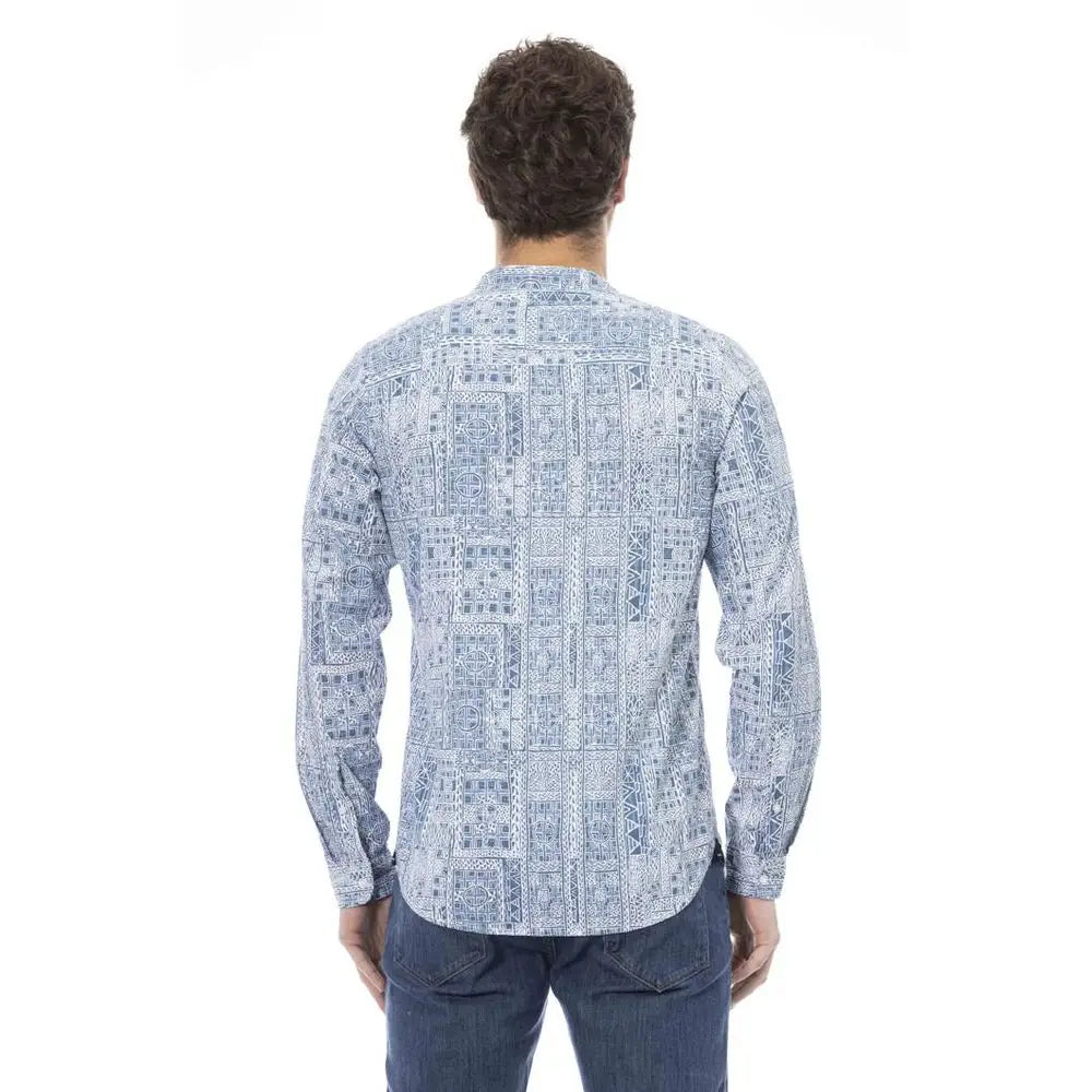 Baldinini trend blue cotton long-sleeve shirt med geometrisk mønster