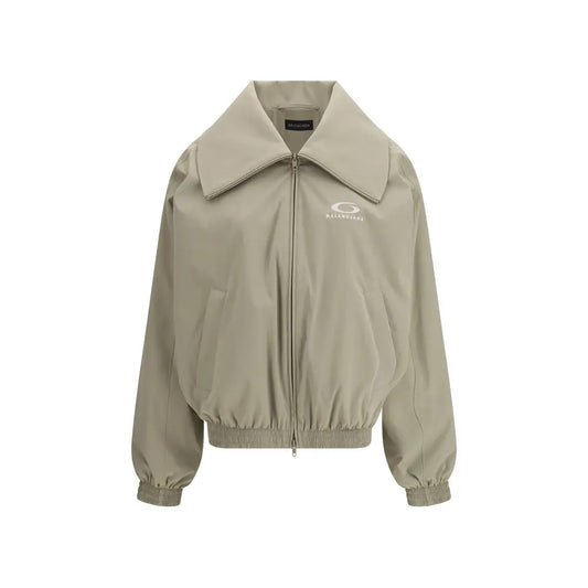 Balenciaga beige polyester bomber jacket med bred krave og hvidt logo