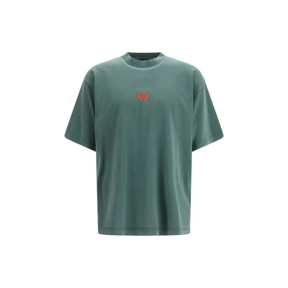 Balenciaga bicolor cotton t-shirt i dæmpet grøn med rødt logo