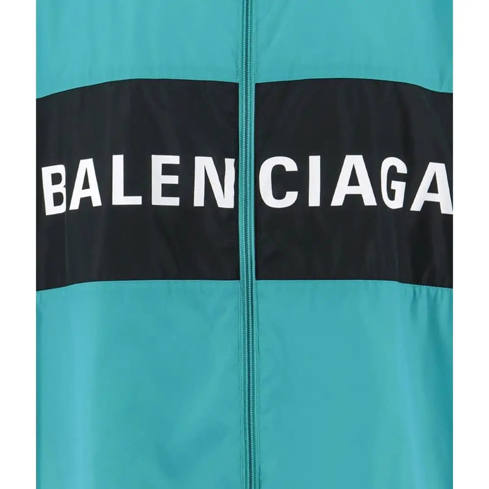 Balenciaga bicolor polyamide shell jacket i teal og sort med hvid skrift