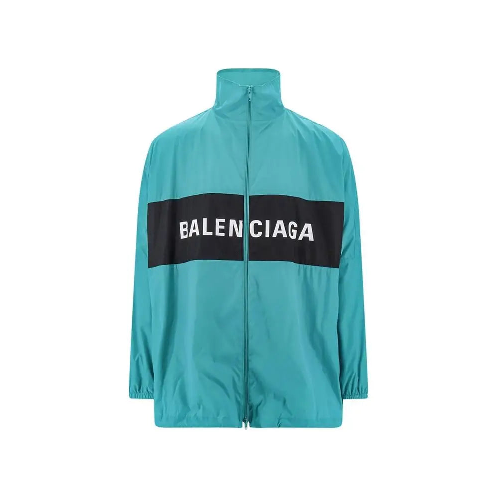 Teal Balenciaga bicolor polyamide shell jacket med sort stribe og hvid logo