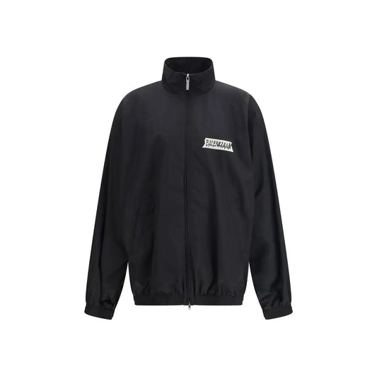 Balenciaga black cotton shell jacket with white logo on chest
