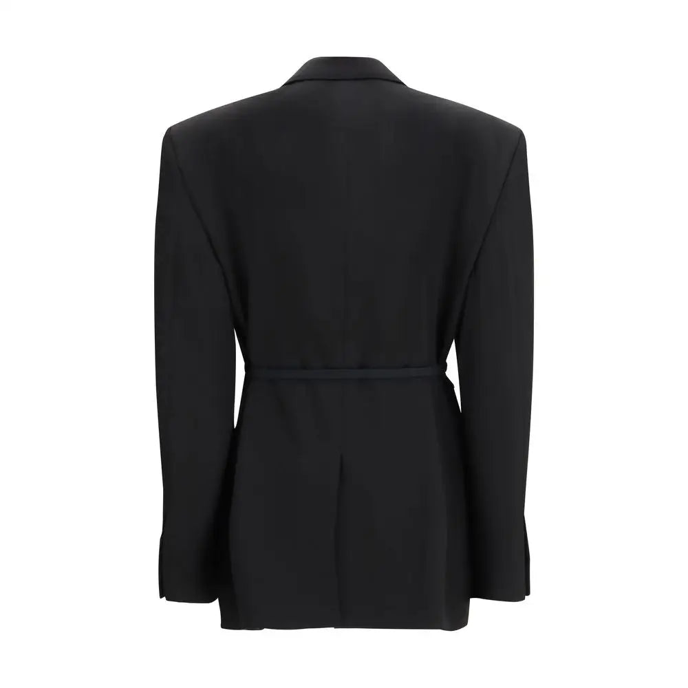 Balenciaga sort uld blazer med beltet talje og struktureret skuldre, 100% originale brands