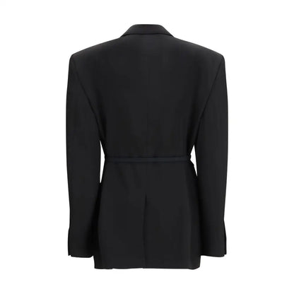 Balenciaga sort uld blazer med beltet talje og struktureret skuldre, 100% originale brands