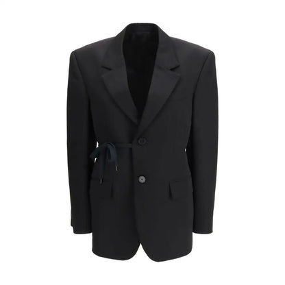 Balenciaga sort uld blazer med snøret talje og matchende slips. Spar 30-70% på mode