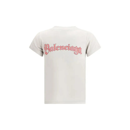 Balenciaga white cotton t-shirt med pink glitterlogo på ryggen
