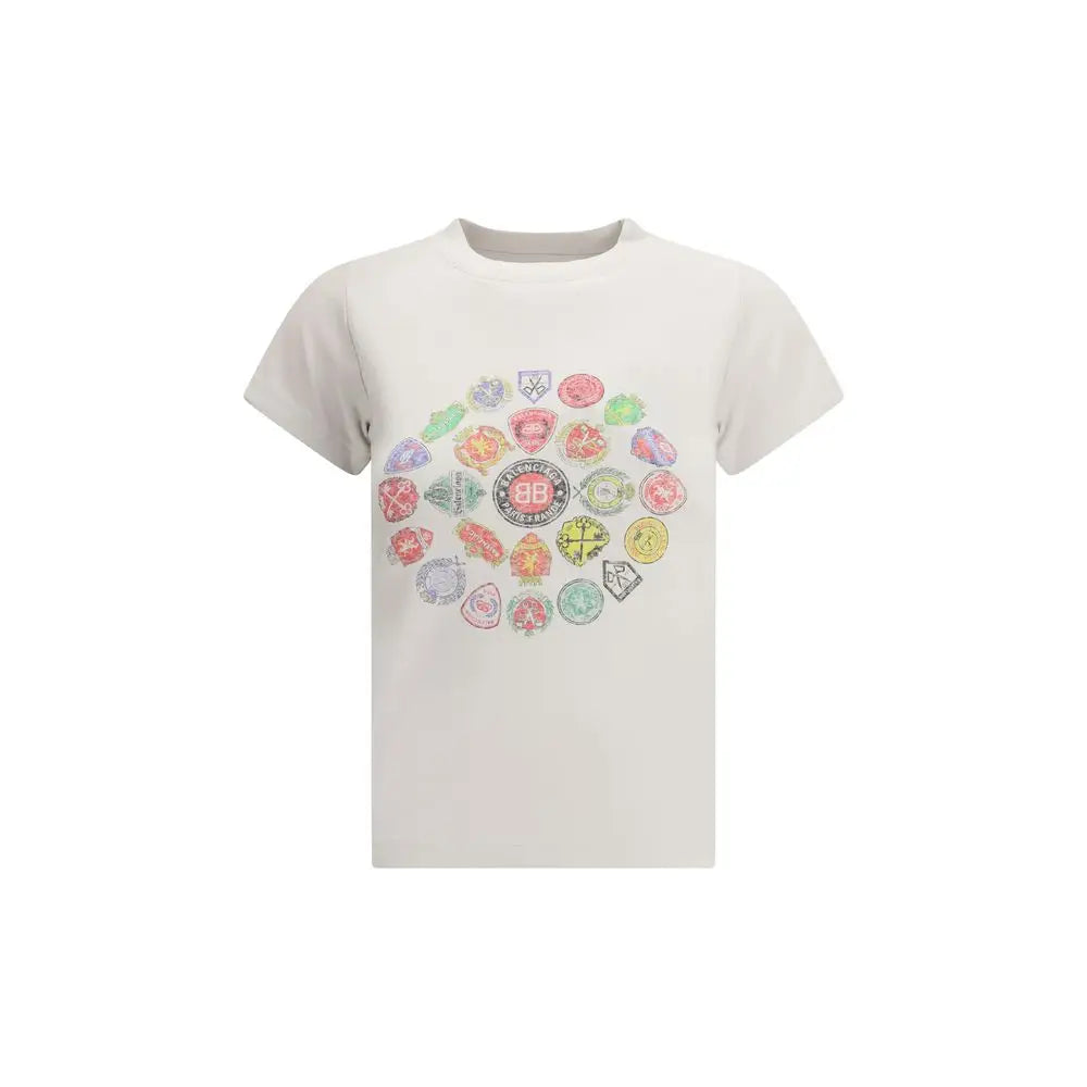 Balenciaga white cotton t-shirt med farverige badges