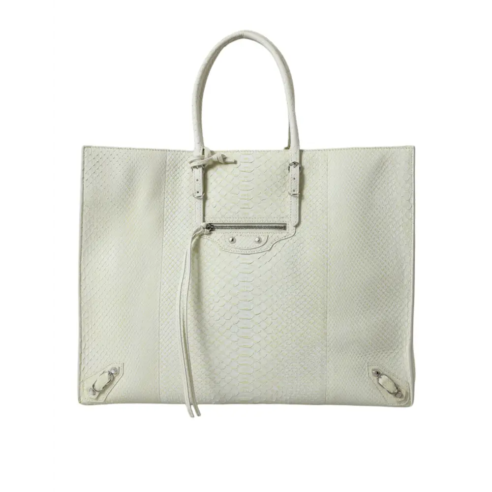 Balenciaga white yellow exotic skin tote bag med slangeskind og lynlås