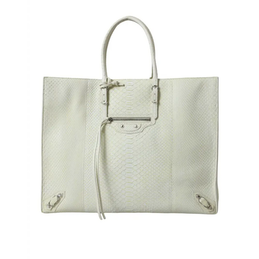 Balenciaga white yellow exotic skin tote bag med slangeskind og lynlås