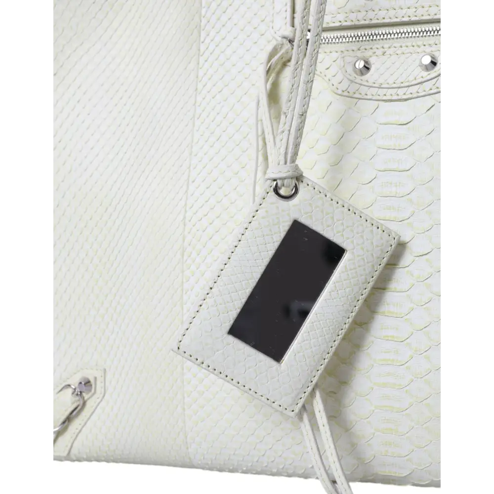 Balenciaga hvid gul eksotisk skind læder taske med hvidt læder kortetui, sort rektangulært vindue og matchende fletstrup