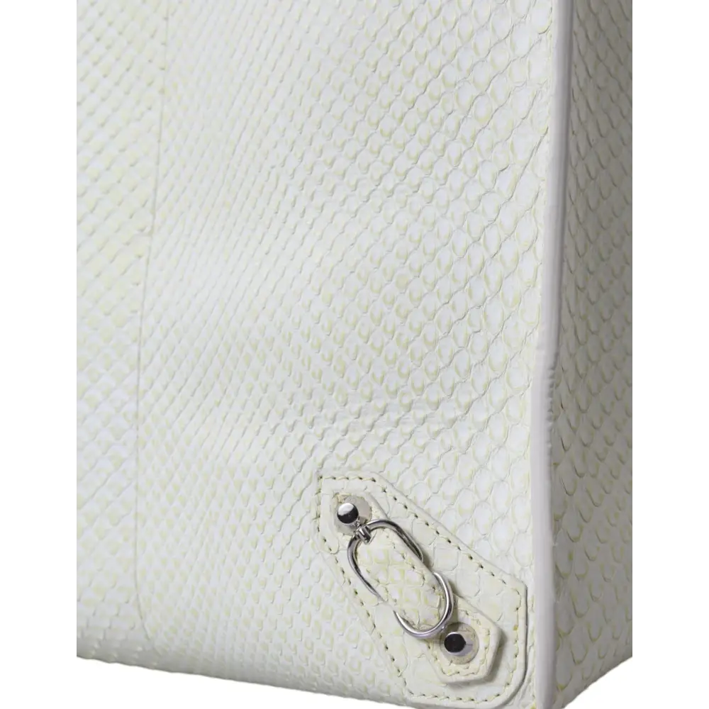 Balenciaga white yellow exotic skin tote bag corner with snakeskin texture and silver hardware