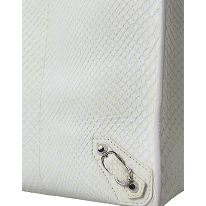 Balenciaga white yellow exotic skin tote bag corner with snakeskin texture and silver hardware