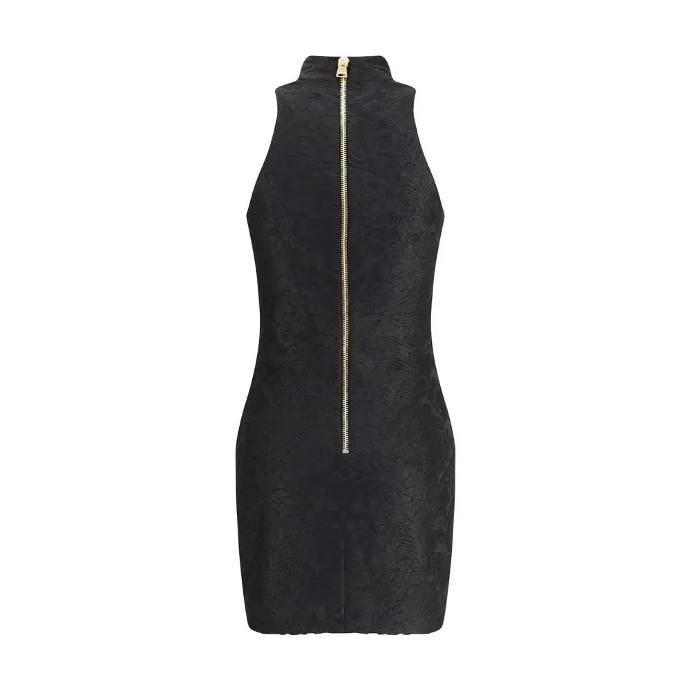 Balmain Baroque short dress: sort, sort halterneck mini med sort tekstur og guld lynlås bagpå